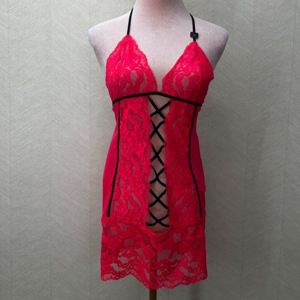 La Senza Pink Bright Translucent Negligee Erotic Babydoll Lingerie Womens S NWT